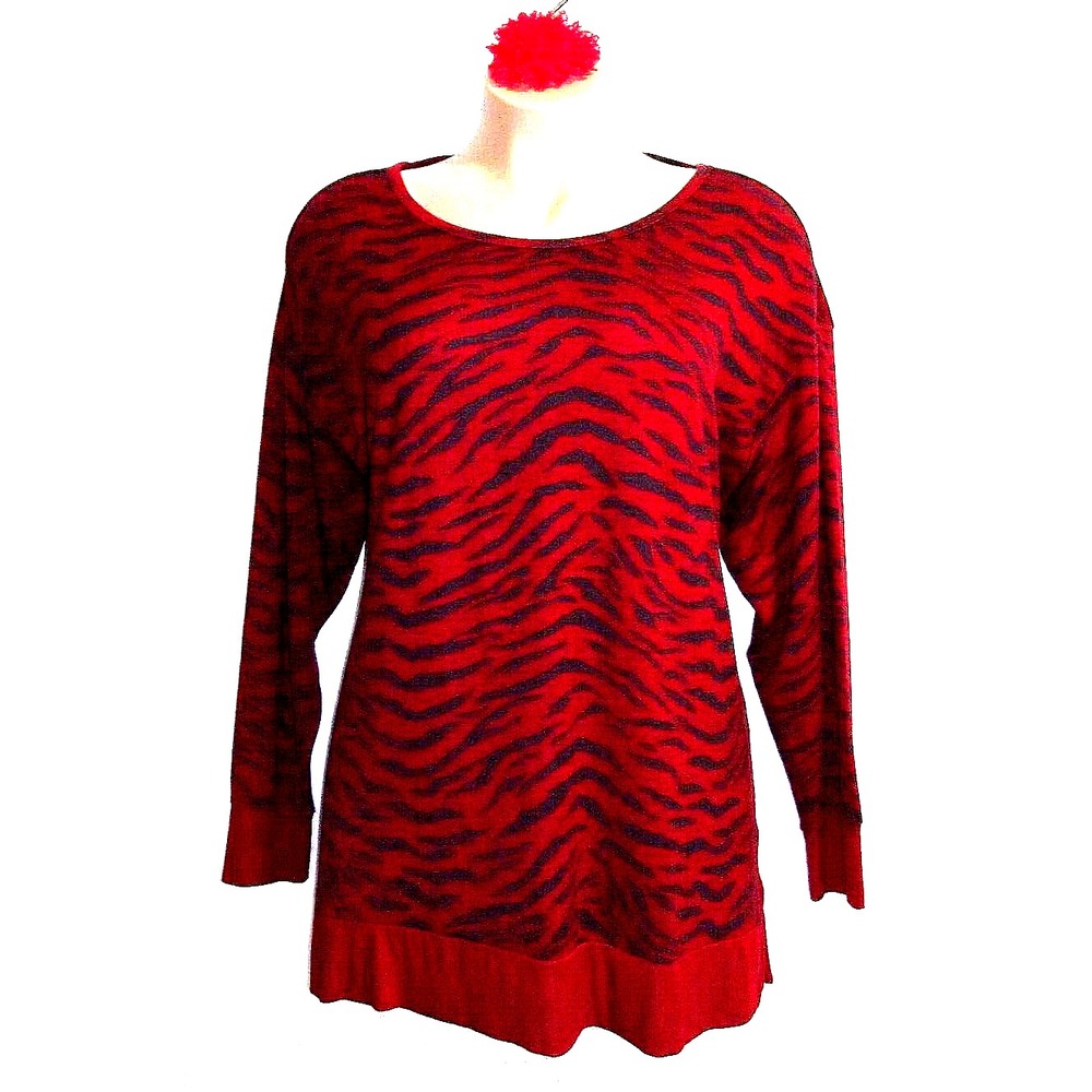 All Worthy Animal Tiger Print Red Gray Cozy Knit Women's Sweatshirt Top Plus 2X